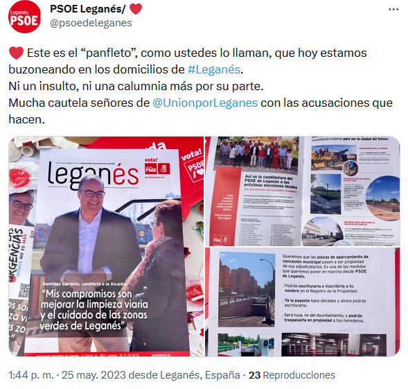 tweet de PSOE Leganés en respuesta de las acusaciones de ULEG